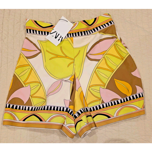 ZARA Printed Floral Mini Skirt Yellow Green High Waisted Size M Party Vacation - Picture 5 of 7